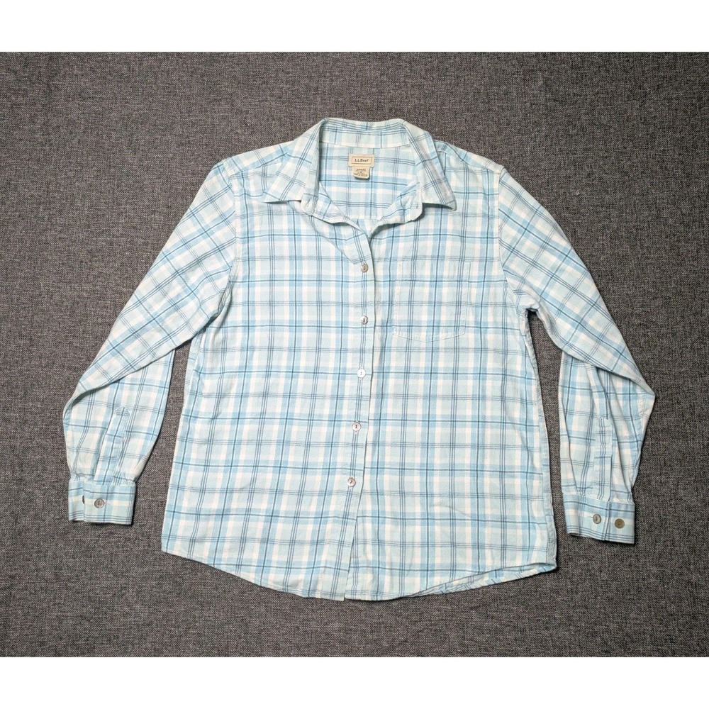 LL Bean Flannel Shirt Womens Blue‎ White Plaid Button Up Scotch Plaid Cotton